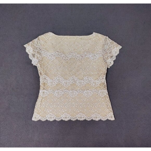 Leigh Bantivoglio Womens (L) Vtg Beige French Lace Top Babydoll Coquette Bow Y2K - Picture 7 of 8